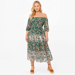 Anthropologie Figs & Flowers Sheer Smock Tiered Maxi Dress Green Ivory Petite L